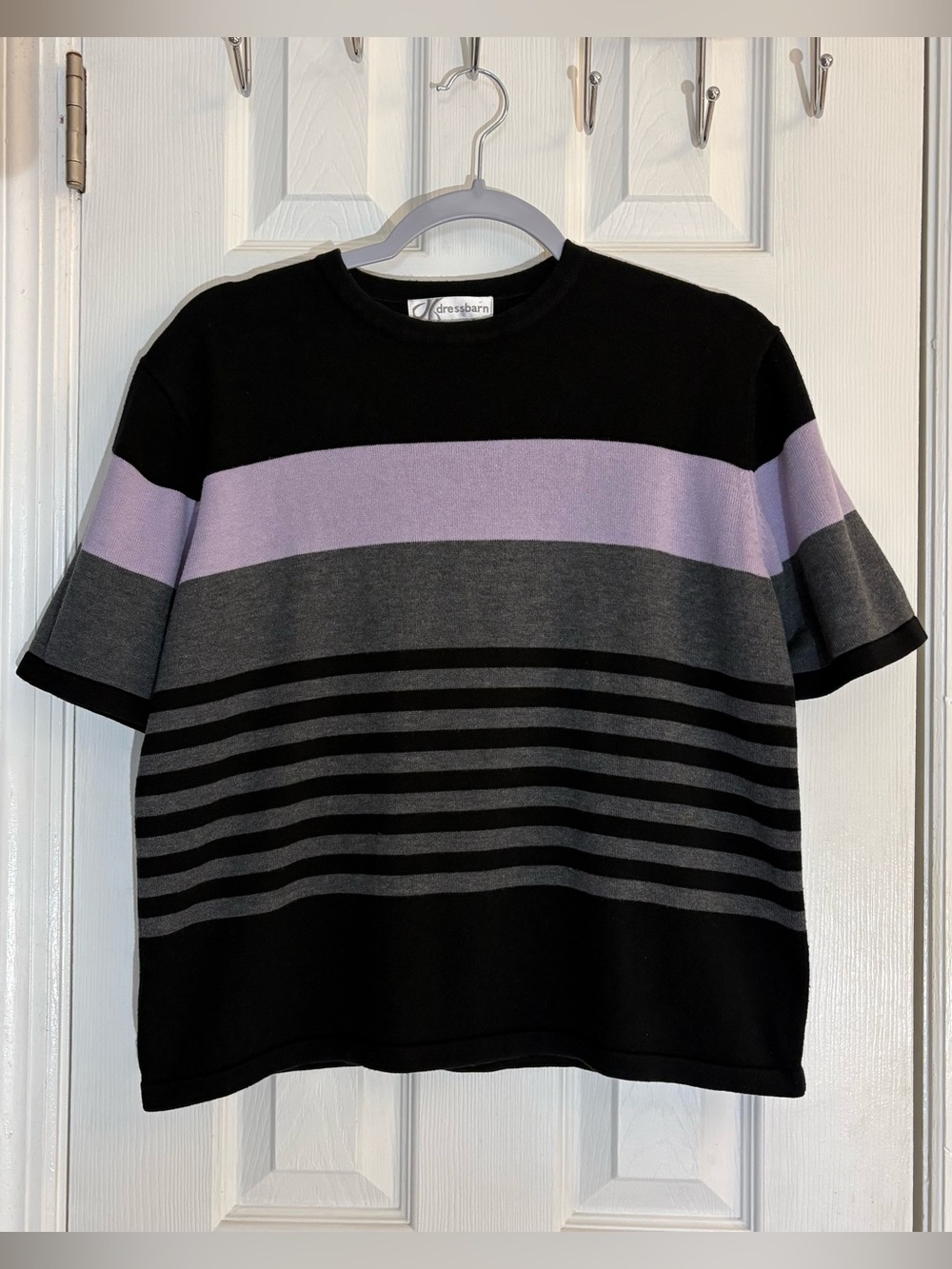 Vintage Dressbarn Colorblock Striped Short Sleeve Knit Sweater Top Purple Grey M